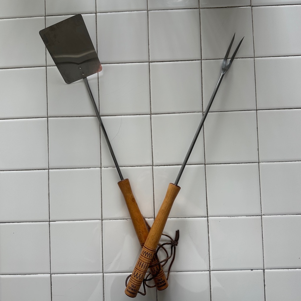 Vintage Androck Long BBQ Spatula & Fork Stainless Steel Tiki Carved Wood